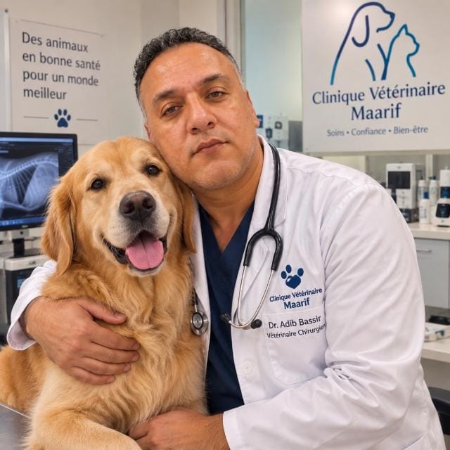 Dr Bassir devant la Clinique Vétérinaire Maârif, un golden retriever à ses côtés.